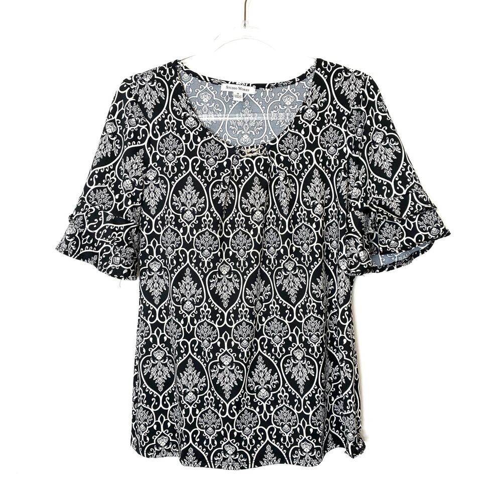 Studio Works Black & White Brocade Floral Layered Short Sleeve Blouse Womens M